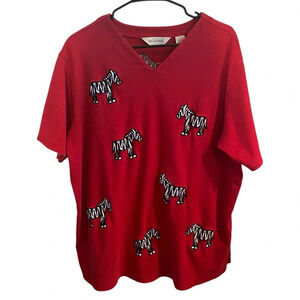 vintage béchamel 100% cotton red Vneck Tshirt embroidered Zebras Dopamine whimsy